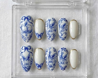 Blue White Porcelain Press on Nails | Almond Chinoiserie Fake Nails | Coquette Ribbon Bow Nails | Reusable Glue on Nails Luxury Custom Gift