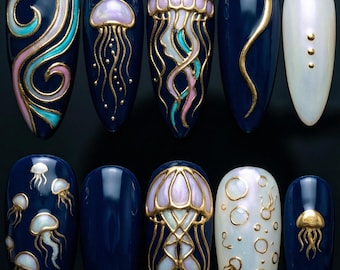 Jellyfish Press On Nails | 3D Ocean Deep Sea Almond Nails | Luxury Navy Blue Gold Foil Nail Art | Iridescent Nautical Reusable Fake Nails