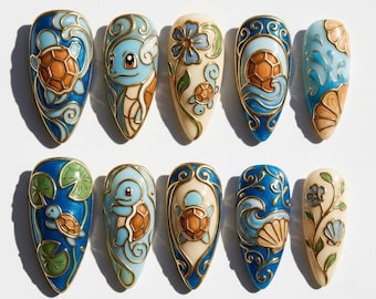 Handpainted - Blue Turtle Anime 3D - Press On Nails