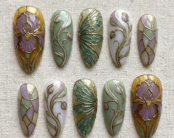 Stained Glass Butterfly Wing Nails | Sage Green Tulip & Iris Floral | Almond Fake Nails