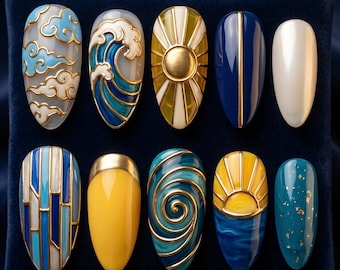 Japanese Art Wave Press on Nail | Gold Celestial Sun and Clouds Fake Nail | Blue Almond Ocean Nails | Boho Luxury Nail Art | Astrology Nails