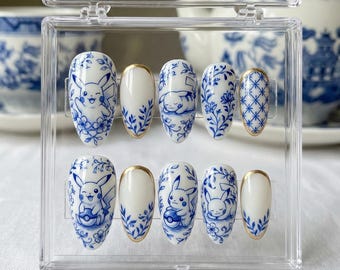 Blue Porcelain Anime Press on Nails | Hand Painted Floral Kawaii | Almond Shape | Gold Trim Cute Cartoon Nail Art | Reusable Faux Ongles