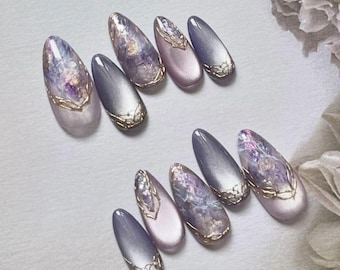 Smoky Purple Marble Press on Nails | Luxury Gold Chrome Almond Nails | Elegant Cat Eye Fake Nails | Mystic Amethyst Quartz Nails for Women