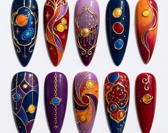 Dark Galaxy Planets | Gold Almond Nails
