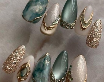 Teal Marble Gold Chain Almond Press On Nails | Rose Gold Glitter Fake Nails | Bridal Wedding Prom Nails | Luxury Custom False Nails