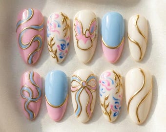 Custom Press on Nails Almond | Hand Painted Floral Anime Nails | Coquette Style Bow Nail Art | Pink and Blue Vintage French Fake Nails