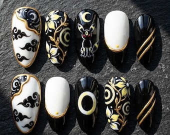 Umbreon Press on Nails Almond | Gothic Moon Hand Painted Nail Art | Black and Gold Luxury Fake Nails | Celestial Floral Custom Press Ons