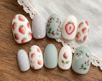 Strawberry Short Oval Press On Nails | Cottagecore Floral Fake Nails Sage Green Matte Cute Summer Picnic Reusable