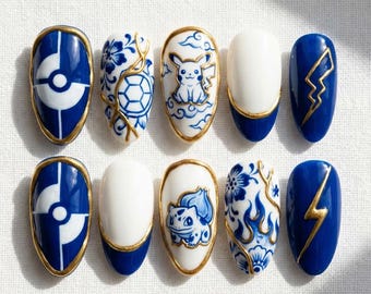 Blue and White Porcelain Press on Nails Almond | Hand Painted Anime Nail Art | Vintage Japanese Style Fake Nails | Royal Blue Luxury Nails