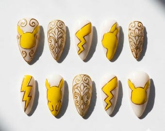 Handpainted - Yellow Electric Mouse 3D - Press On Nails