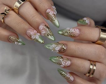 Sage Green Stiletto Press On Nails | 3D White Flower Gold Swirl French Tip Fairycore Wedding