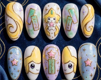 Jirachi Press on Nails Almond | Hand Painted Wish Star Nail Art | Kawaii Pastel Galaxy Fake Nails | Luxury Gold Celestial Custom Press Ons