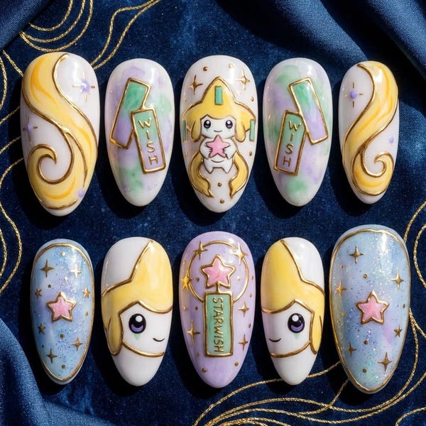 Unhas Postiças Jirachi Amêndoa | Unhas Artísticas Estrela dos Desejos Pintadas à Mão | Unhas Postiças Kawaii Pastel Galáxia | Unhas Postiças Personalizadas Douradas de Luxo com Efeito Celestial