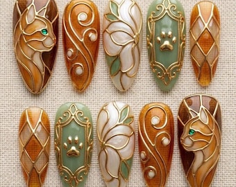 Stained Glass Orange Cat Press On Nails | Vintage Gold Floral & Paw Print Design | Almond Shape Fake Nails