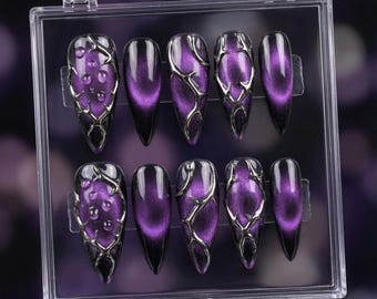 Purple Cat Eye Press On Nails | Silver Chrome Thorns 3D Water Droplets Gothic Stiletto Y2K False Nails