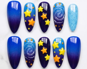 3D Star Galaxy Press On Nails | Blue Purple Ombre Almond Nails Y2K Celestial Fake Nails Cute Space Night Sky Spring Festival Trendy Nails
