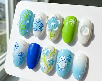 Frosty Winter Press On Nails | Cute 3D Snowman & Flower Almond Nails | Blue Green Snowflake Fake Nails | Winter Wonderland Reusable Nails
