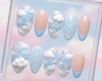 Blue Sky Cloud Press On Nails | Pastel Glitter French Tip Short Almond Nails | Cute 3D Cloud Aesthetic Fake Nails