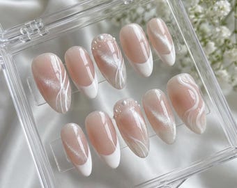 Cat Eye French Tip Press Ons | White Swirls & Pearls | Minimalist Bridal Fake Nails | Custom Glamour Oval