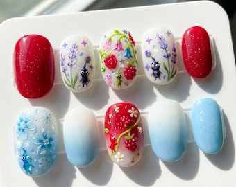 Inspired Press On Nails | Cute 3D Fruit & Flower Oval Nails | Red Blue Fairycore Fake Nails | Whimsical Garden Custom Reusable Nails