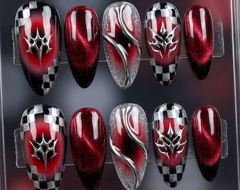 Gothic Red Black Press-On Nails | Y2K Checkerboard Nail Art | Reusable Punk Manicure Set