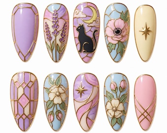 Pastel Stained Glass | Cat Moon Almond Nails