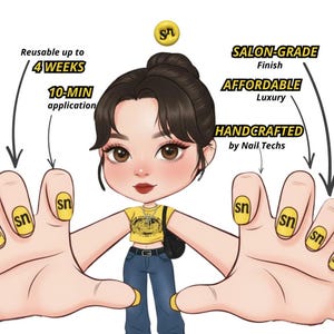 May include: Illustration of a cartoon figure with yellow nail art. The image highlights the features of the nail art, including the text "sn" on each nail. Text in the image indicates the nails are reusable for up to 4 weeks and are salon-grade.