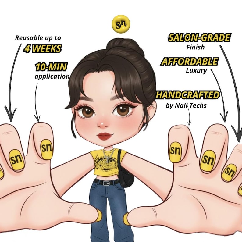 May include: Illustration of a cartoon figure with yellow nail art. The image highlights the features of the nail art, including the text "sn" on each nail. Text in the image indicates the nails are reusable for up to 4 weeks and are salon-grade.