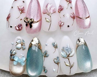 3D Floral Press on Nails | Sweet Bow Pink and Blue Almond Nails | Elegant Cat Eye Fake Nails | Romantic Flower Spring Nails | Gift for Her