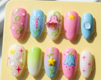Fairy Garden Press On Nails | Cute 3D Flower & Dragonfly Fake Nails | Pastel Pink Blue Almond Nails | Spring Summer Aesthetic Reusable Nails