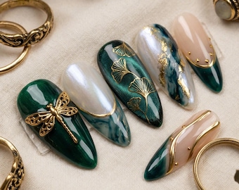 Emerald Green Press on Nails | Gold Dragonfly & Ginkgo Leaf Design | Luxury Pearl White Nails | Ethereal Nature Nails | Stiletto Shape