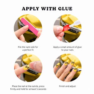 May include: A step-by-step guide for applying artificial nails. The image shows four circular illustrations with instructions. The text reads "APPLY WITH GLUE". The steps include filing, applying glue, placing the nail, and adjusting.
