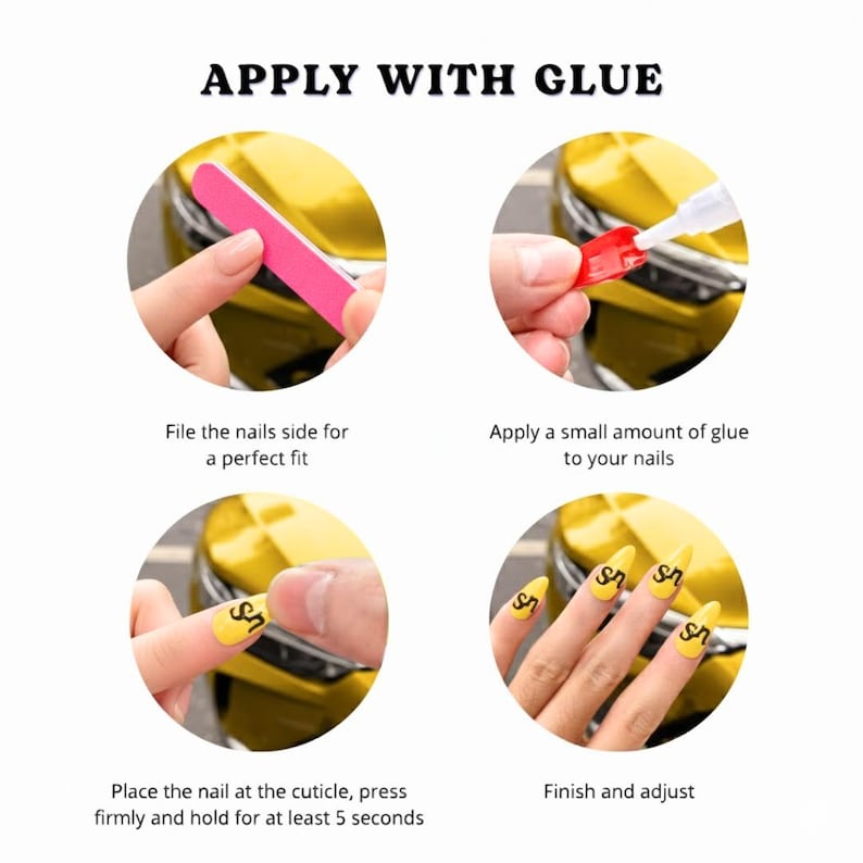 May include: A step-by-step guide for applying artificial nails. The image shows four circular illustrations with instructions. The text reads "APPLY WITH GLUE". The steps include filing, applying glue, placing the nail, and adjusting.