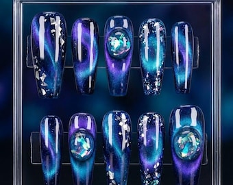 Blue Starry Night Press-On Nails | Celestial Ombre Nail Art | Reusable Dreamy Manicure Set