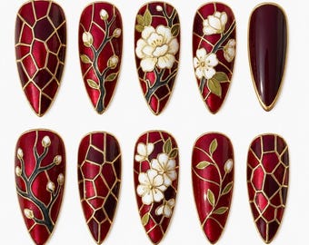 Red Stained Glass | Floral Almond Nails