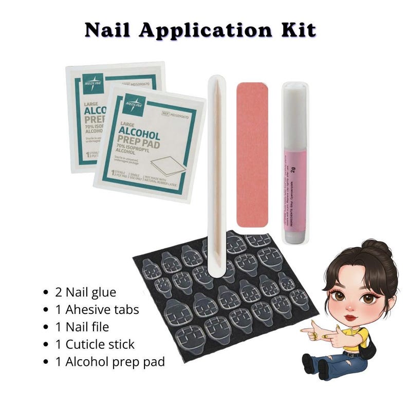 May include: A nail application kit with the text "Nail Application Kit". The kit includes nail glue, adhesive tabs, a nail file, a cuticle stick, and alcohol prep pads. The kit also includes a pink nail file and a tube of nail glue.