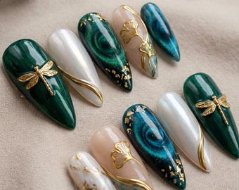 Emerald Green Stiletto Press On Nails | Dragonfly Ginkgo Leaf Gold Foil Luxury Fake Nails | Iridescent White Reusable Glue On Nails