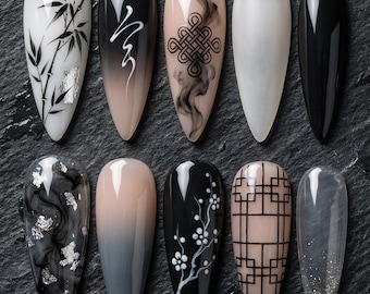Zen Ink Painting Press on Nails | Bamboo & Plum Blossom Almond Nails | Traditional Knot Black Beige Fake Nails | Luxury Smoke Art Design