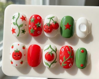 Tomato Girl Press On Nails | Cute 3D Fruit & Vine Square Nails | Red Green Garden Aesthetic Fake Nails | Custom Summer Fruit Reusable Nails