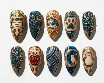 Handpainted - Almond Blue Sleepy Anime 3D - Press On Nails