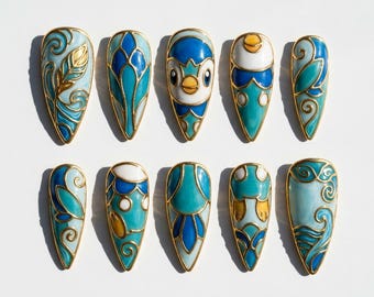 Handpainted - Blue Ocean Penguin 3D - Press On Nails - Pokemon Inspired