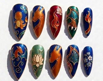 Handpainted - Fire Dragon Anime 3D - Press On Nails