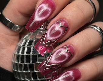 Magenta Cat Eye Heart Press on Nails | Long Coffin | Silver Chrome Lines | Cyber Y2K Velvet | Valentines Gift | Trendy Party