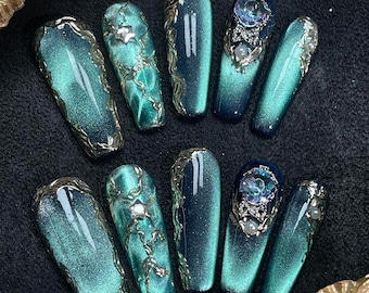 Luxury Emerald Cat Eye Press on Nails | Silver Chrome Gothic Fake Nails | Dark Blue Iridescent Gemstone Nails | Coffin Y2K Nails | Glue ons