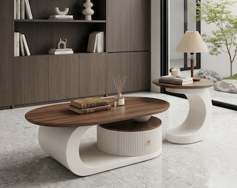 Crème wind massief houten salontafel, ovale salontafel, unieke designtafel, witte en bruine theetafel