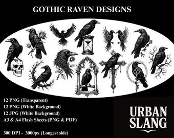 Gothic Raven Image Pack + Flash – Tattoo & Wall Art Designs (Digital Download)