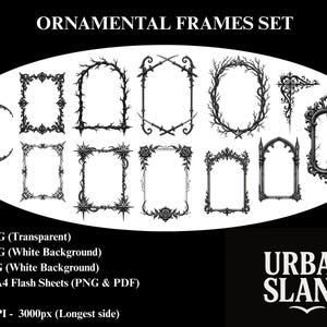 Puede incluir: Un conjunto de 12 marcos ornamentales en blanco y negro, con diseños góticos, florales y de estrellas. El texto "ORNAMENTAL FRAMES SET" está en la parte superior. La imagen también incluye el texto "URBAN SLANG".