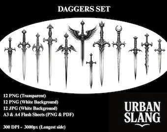 12 High Definition Gothic Style Printable Images – Pack 8– Daggers Set – Urban Slang Designs