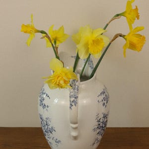 May include: A white ceramic jug featuring a blue floral pattern and a curved handle, containing a bouquet of bright yellow daffodils with green stems. The jug has a rounded body and a flared rim, displaying detailed blue botanical illustrations.