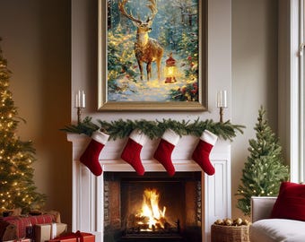 May include: A cozy Christmas scene featuring a fireplace with a roaring fire, adorned with red stockings and a garland. Above the fireplace hangs a framed painting of a deer in a snowy forest. A Christmas tree and gifts complete the festive setting.